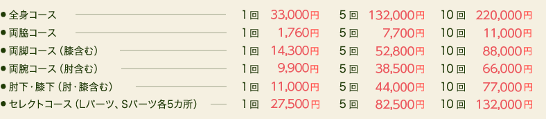 全身コース5回126,000円 10回210,000円、両脇コース5回7,350円 10回10,500円、両脚コース（膝含む）5回50,400円 10回84,000円、両腕コース（肘含む）5回36,750円 10回63,000円、肘下・膝下コース（肘・膝含む）5回42,000円 10回73,500円