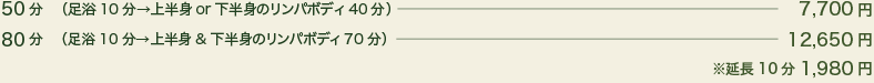 50分（カウンセリング+足浴 10分 上半身or下半身のリンパトリートメント 40分）6,300円、80分（カウンセリング + 足浴 10分 上半身と下半身のリンパトリートメント 70分）10,500円